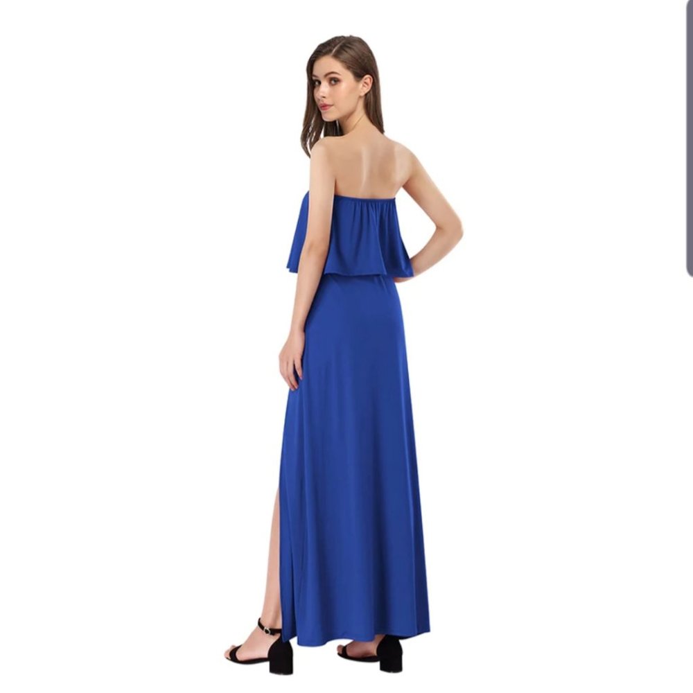 NWOT LEADINGSTAR STRAPLESS SIDE SLIT TOP RUFFLE MAXI DRESS - Picture 2 of 9